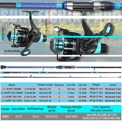 Sougayilang Baitfeeder Combo Surf Fishing Rod Combo Medium/Heavy 3 Piece Travel Spinning Rod with 4000 Size Reel (11')