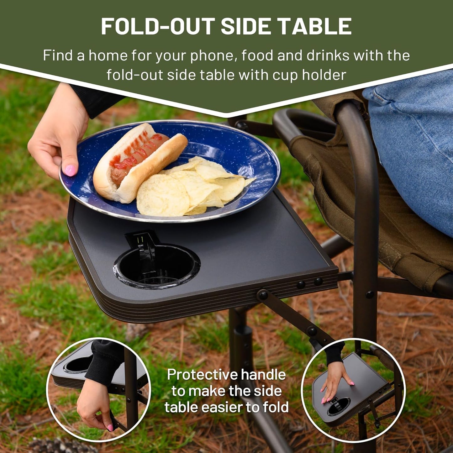 TIMBER RIDGE Lightweight Camping Chair, Portable Laurel Director's Chair with Foldable Side Table, Cooler Bag & Mesh Pocket, Compact Outdoor Folding Lawn Chair, Supports 300lbs, Grey