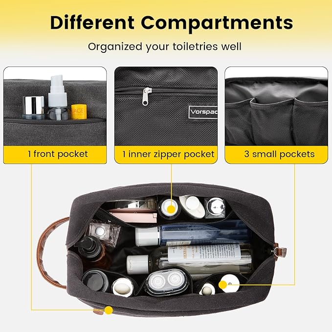Vorspack Toiletry Bag Hanging Dopp Kit for Men Water Resistant Canvas Shaving Bag with Large Capacity for Travel - Dark Grey