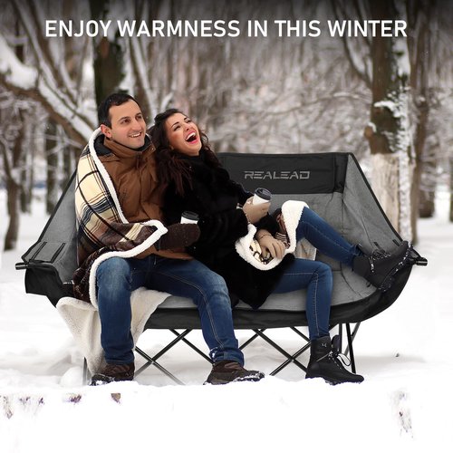 REALEAD Heated Double Camping Chair, 3 Heat Levels and 4 Heating Zones, Portable Heated Loveseat Chair for Outdoor Sports Support 650lbs, Heating Folding Chairs for Outside, Battery NOT Included