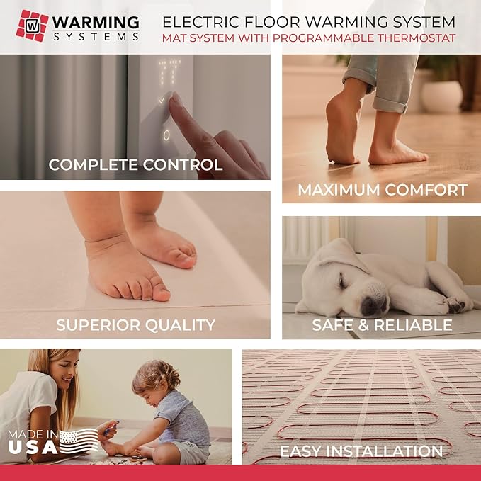 40 Sqft 120V Electric Radiant Floor Heating Mat – Includes Heating Mat, Programmable Thermostat, 2 Floor Sensors, Installation Monitor and Under Tile Heater