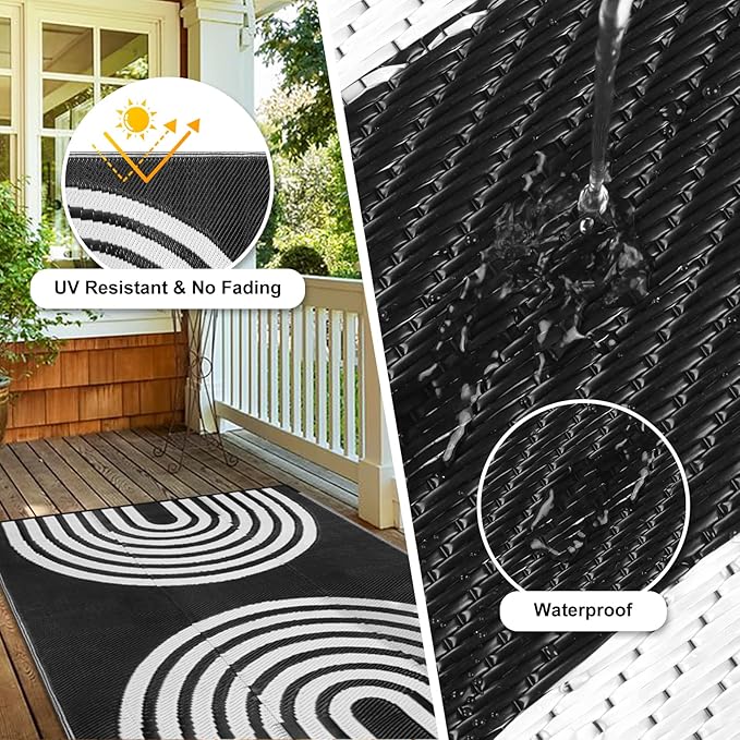 Anidaroel Outdoor Area Rug for Patio Clearance 5x8ft Waterproof, Reversible Plastic Straw Rug Outside Rug, UV Resistant RV Mat for Camping, Porch, Balcony, Pool Deck(Black&White, 5‘x8')