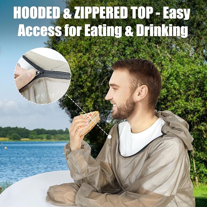 4-Piece Net Suit L/XL, Full Body Jacket with Zippered Hood, Pants, Gloves & Foot Covers, Thickened Breathable Mesh, Adjustable Fit for Men & Women, Lightweight for Outdoor, Camping, Fishing &Gardening