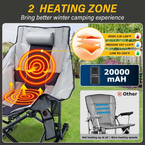 SOROVEE Heated Camping Chair Oversize, XL Heated Rocking Chair with 3 Levels for Back and Seat, Portable Outdoor Heated Folding Chair, Heavy Lawn Chair for Camping (Grey, Included Power Bank)
