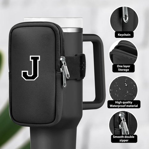 SAMUSAI Initial Water Bottle Carrier Bag for Stanley-Tumbler pouch with Zipper Pocket Travel mug pouch- Personalized A-Z Phone Pocket for Stanley Cup Accessories - Detachable Large Phone Pocket