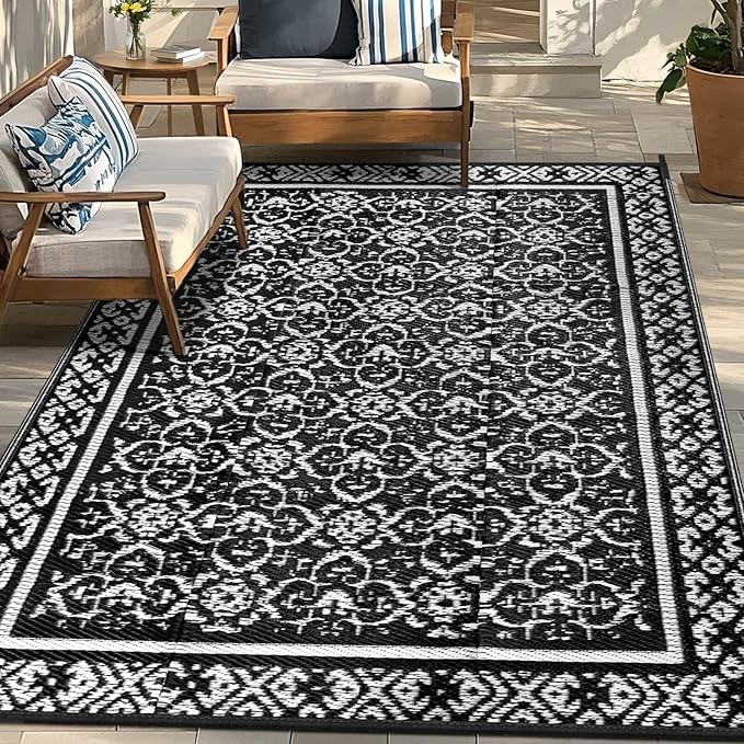 Outdoor Patio Plastic Straw Rug - 6'x9' Outdoor Camping Rug Waterproof Reversible, Area Carpet Patios Clearance RV, Outside Porch Balcony Deck for Camper, Classic Black & White