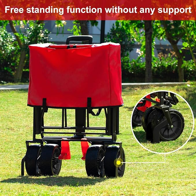 BEAU JARDIN Collapsible Foldable Push Pull Folding Beach Wagon 350lbs Heavy Duty Utility Camping Grocery Garden Sport Shopping Wagon Cart with All Terrain Big Sand Wheels and Brakes Red
