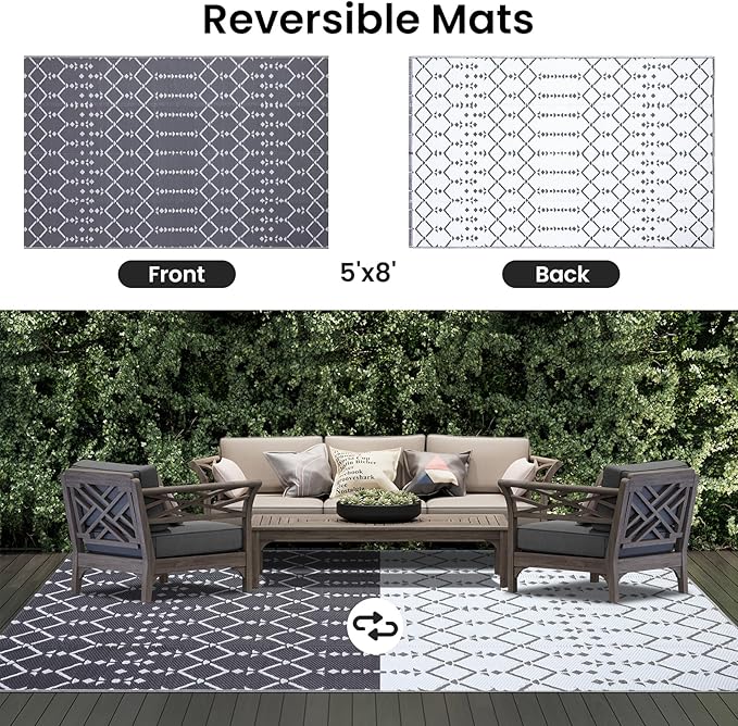 Smiry Outdoor Rug 5x8 ft, Waterproof Reversible Plastic Straw Rugs, Boho Outdoor Area Rug, Outside Floor Mat for Patio, Backyard, Deck, Picnic, Beach, Camping, Grey