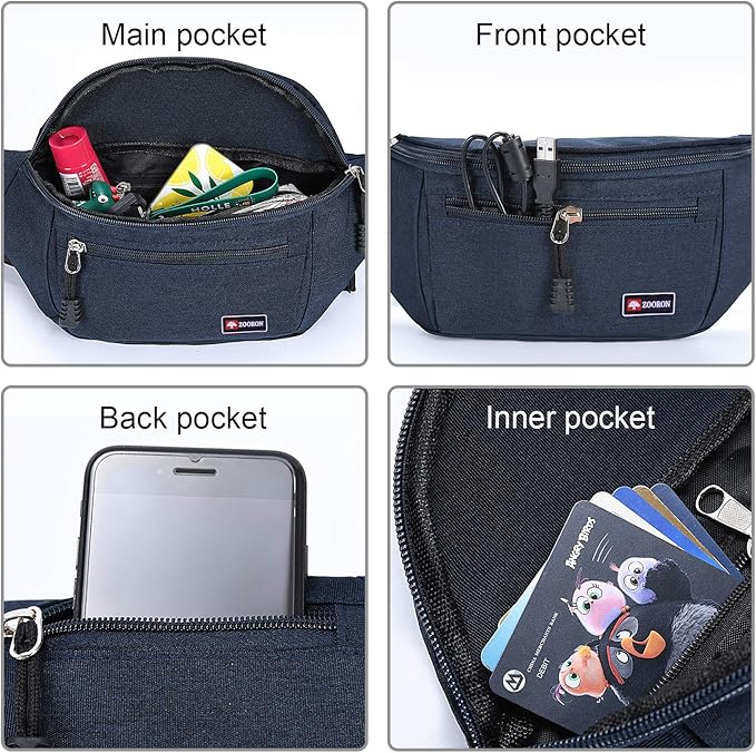 2 Packs Fanny Packs for Men and Women, Water Resistant Sports Waist Pack Bag Hip Bum Bag for Travel Hiking Running (Black + Blue)