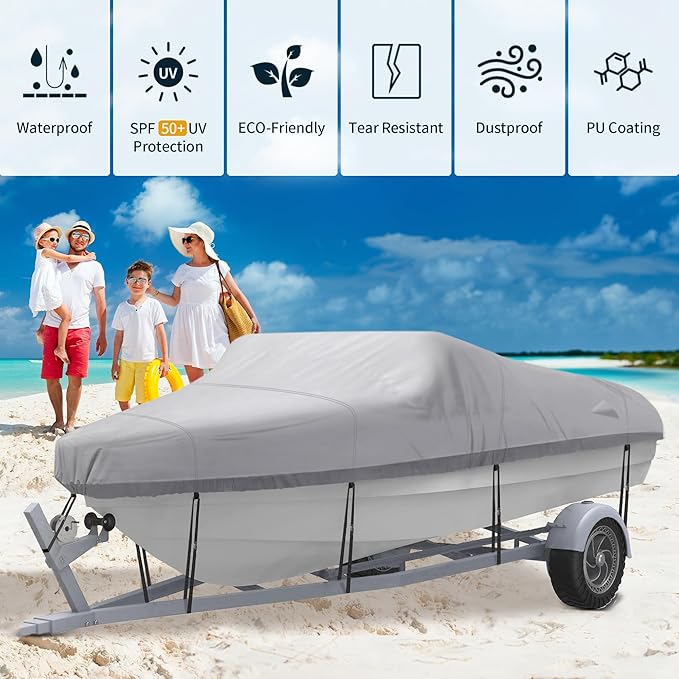 NEXCOVER Trailerable Boat Cover, Length: 17’-19’ Beam Width: up to 96”, Waterproof Heavy Duty Cover, Fits V-Hull, TRI-Hull, Runabout, Pro-Style, Bass Boat, Storage Bag & Tightening Straps Included.