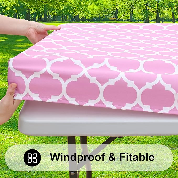 Smiry Rectangle Picnic Table Cover, Waterproof Elastic Fitted Camping Tablecloths for 8 Foot Tables, Wipeable Flannel Backed Vinyl Tablecloth Protector for Indoor, Outdoor (Pink, 30x96 Inches)