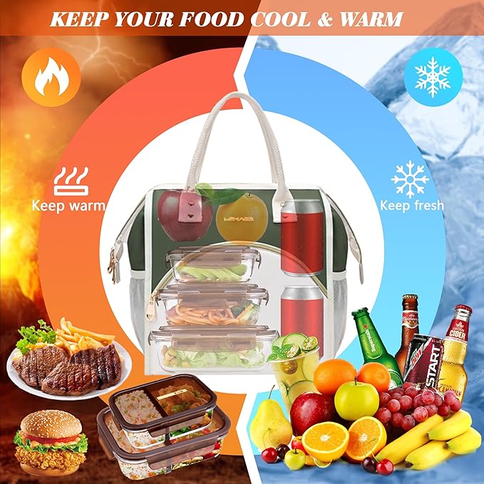 LOKASS Lunch Bag Women Insulated Lunch Box, Wide-Open Lunch Tote Bag Leak-proof Cooler Bag for Work Picnic-（Army Green）