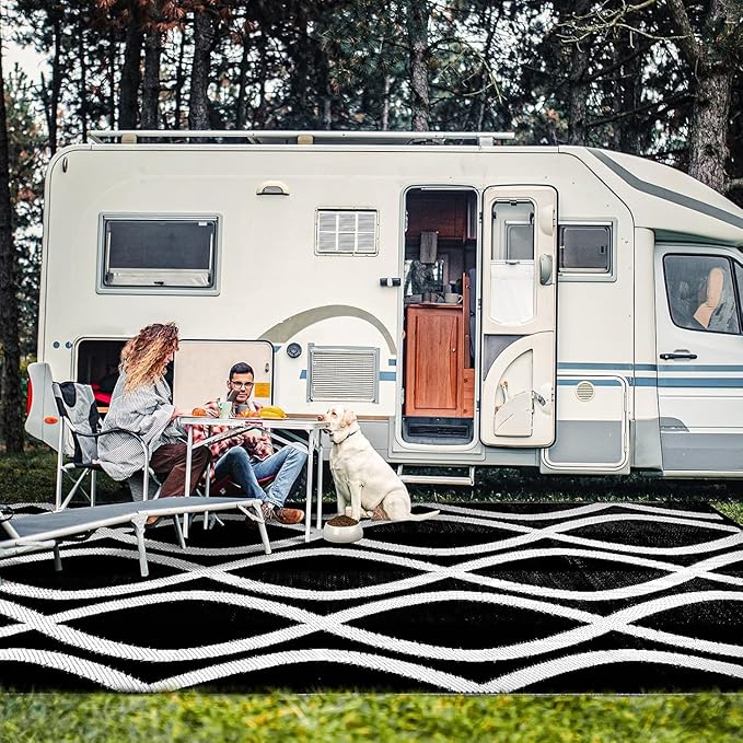 wikiwiki Outdoor Rug, 9x12ft Waterproof Reversible Mat Indoor Outdoor Rugs Carpet, Small Area Rug Plastic Straw Rug for Patio Deck Balcony Pool RV Camping Beach Picnic, Black & White, Rugscape Series