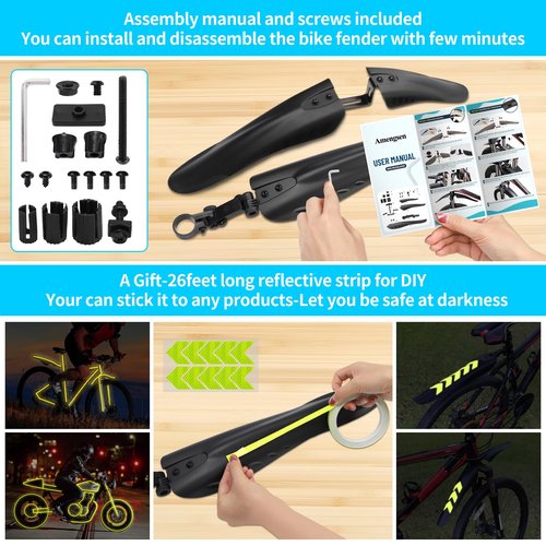 Amengsen Bike Fender Set with 26ft DIY Reflective Tape, Adjustable Bicycle Fenders for 24"/26"/27.5", 4 Parts-Universal Full Cover Thicken Widen, Front/Rear Mud Guards Fit for MTB Mountain Road Bike