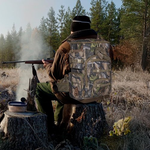 OUUTMEE Hunting Backpack with Waterproof Rain Cover, Self Standing Hard Bottom, 50L Camo Hunting Day Pack for Bow Rifle Gun