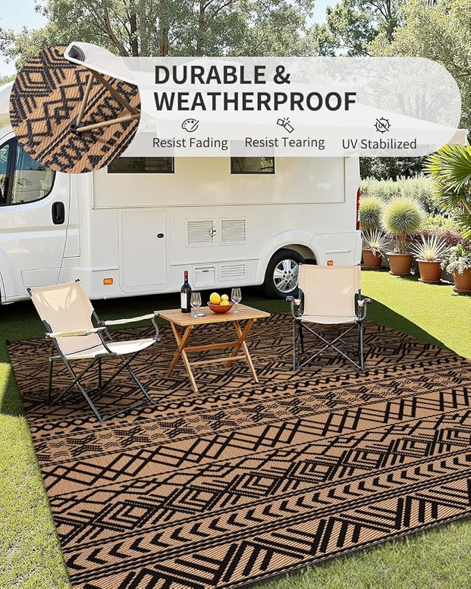 MontVoo Outdoor Rug Carpet Waterproof 9x12 Outdoor Patio Rug Mat Reverisble Plastic Straw Outdoor Rug for RV Camping Picnic Beach Balcony Boho Black Brown Large