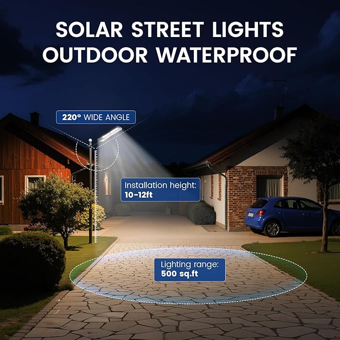 Solar Street Lights Outdoor, 10000K Ultra Bright LED, Waterproof IP65, Motion Sensor, Dusk to Dawn, Suitable for Commercial Area, Parking Lot, 1 Pack