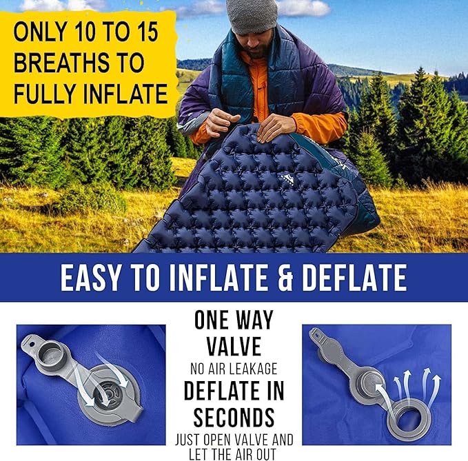WELLAX Ultralight Air Sleeping Pad - Inflatable Sleeping Mat, Ultimate Airpad for Backpacking, Traveling, Camping and Hiking - Repair Kit, Carry Bag, Compact Air Mattress