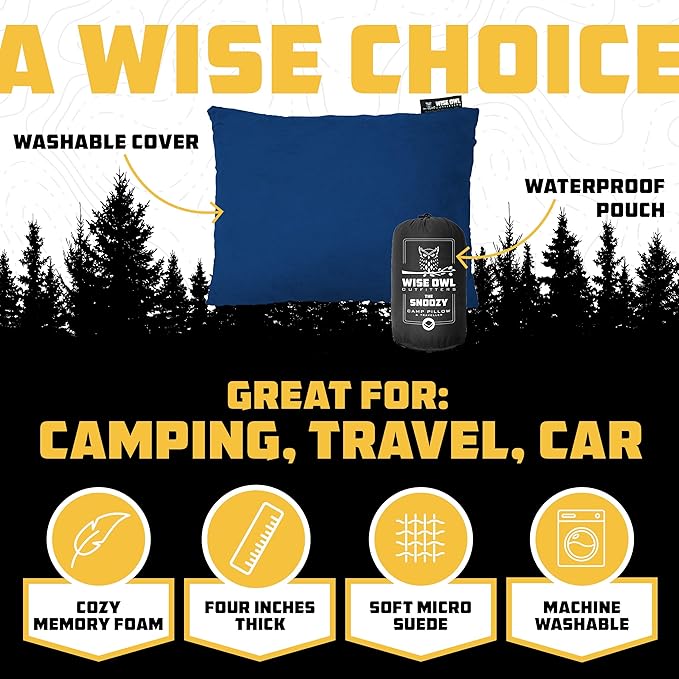 Wise Owl Outfitters Camping Pillow - Camping Essentials and Travel Pillow for Airplanes, Camping, and Travel - Memory Foam Washable Pillow - Small/Medium