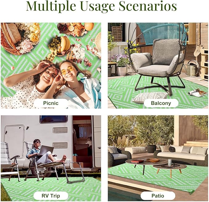 OPPODREAM Outdoor Rug 9x12 Patio Waterproof, Large Outdoor Plastic Straw Rug, Reversible Out Door Carpet for Camping, Deck, Rv, 9 x 12 Area Carpet for Balcony, Porch, Backyard, White and Green