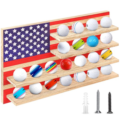 Threehoney Patriotic Golf Ball Holder Display Shelf for 22 Balls 16 x 10 Inch Wood Golf Ball Display Stand with American Flag Golf Lover's Gift for Christmas, No Door