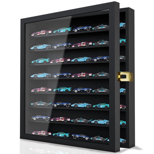 Large Display Case for 1/64 Scale Model Cars, Wall-Mounted or Freestanding Wood Display Cabinet for Hot Wheels, Rocks, Challenge Coins, Mini Toys, Minifigures, UV Protection Shadow Box, Black