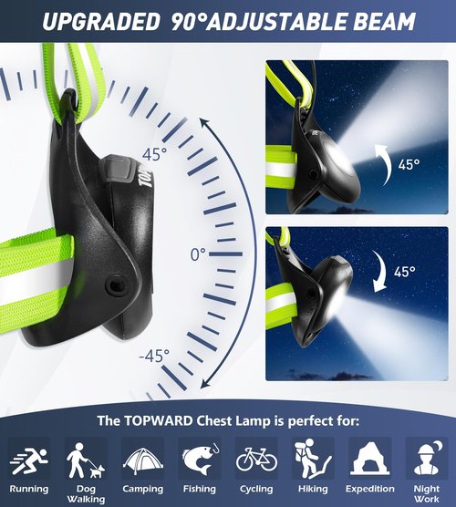 Topward Running Lights for Runners USB-C Rechargeable, Chest Headlamp with 500 Lumen Adjustable Beam, Safety Light for Walking Dog at Night
