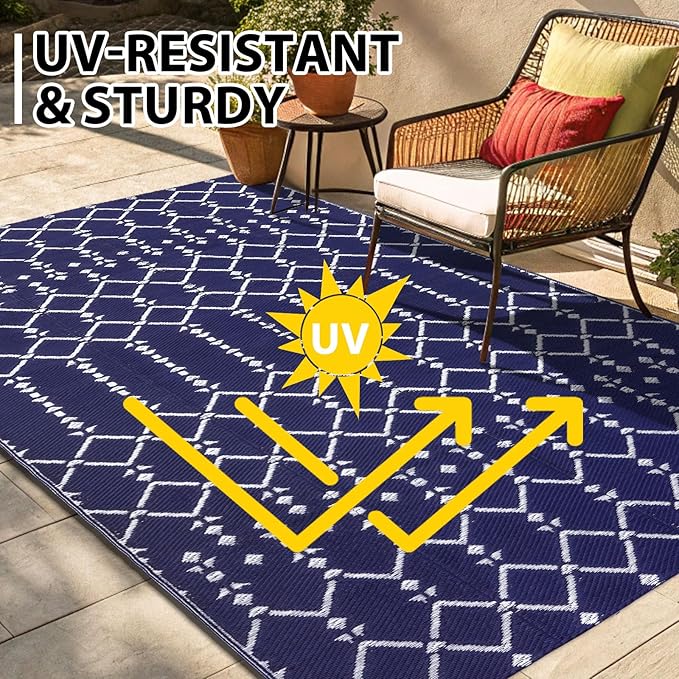 Smiry Outdoor Rug 8x10 ft, Waterproof Reversible Plastic Straw Rugs, Boho Outdoor Area Rug, Outside Floor Mat for Patio, Backyard, Deck, Picnic, Beach, Camping, Navy