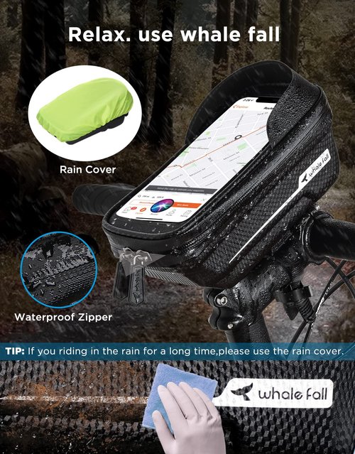 whale fall Quick Release Bike Frame Bag with Hard Shell, Waterproof Phone Mount with 0.25mm Touchscreen, Detachable Cycling Bag for Phones up to 6.9", Fits Road & Mountain Bikes