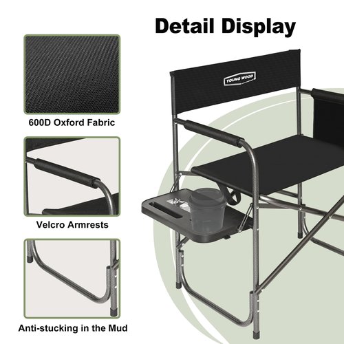 YOUNG WOOD Camping Directors Chair, Lightweight Oversized Portable Folding Chair with Side Table and Storage Pockets for Outdoor Camping, Lawn, Picnic and Fishing, Supports 400lbs (Black)