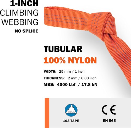 GM CLIMBING 1 inch Nylon Tubular Webbing Tape CE UIAA Certified 4000lb Heavy Duty for Climbing Rescue Rope Works Survival Outdoor General Purposes