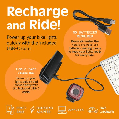 Retrospec Beam USB Rechargeable Bike Light Kit - Bright Front and Back Lights for Night Riding - Weatherproof, Easy to Install Headlight and Tail Light Set