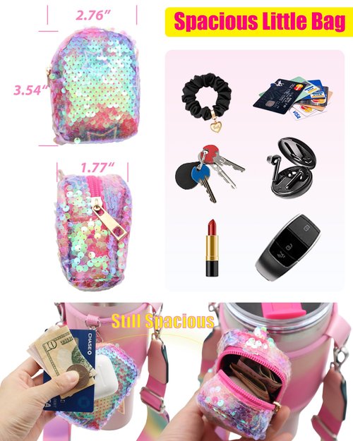 TOVICE Stanley Cup Holder with Strap, Crossbody Strap for Stanley 40oz & 30oz /Hydroflask/Simple Modern, Glitter Sequin Coin Purse, Pink Stanley Cup Accessories, Fits Most 32-40oz Bottles