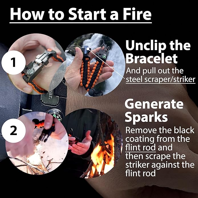 aZengear Paracord Survival Bracelet (2 Pack) | Flint Steel Fire Starter, Whistle, Compass, Mini Saw | Adjustable Wrist Band Size for Camping, Bushcraft, Emergency Kit (Black & Orange)