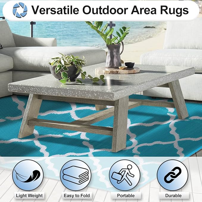 OutdoorLines Outdoor Plastic Area Rugs for Patio 4x6 ft - Reversible Outside Carpet, Stain & UV Resistant RV Mats, Straw Rug for Camping, Deck Garden, Porch and Balcony, Moroccan Teal & Light Grey