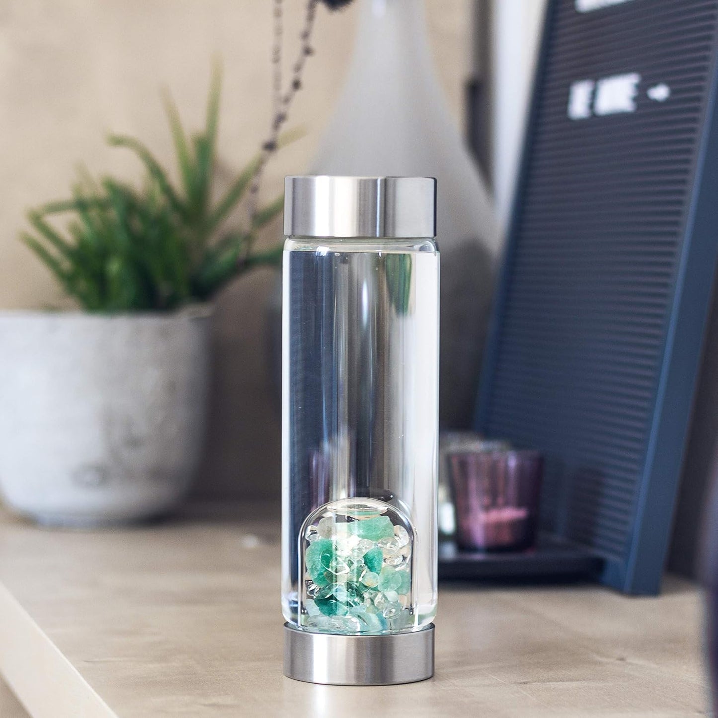 VitaJuwel ViA LUNA | Crystal Water Bottle with Rainbow Moonstone and Clear Quartz for Intuition, Empathy, Femininity