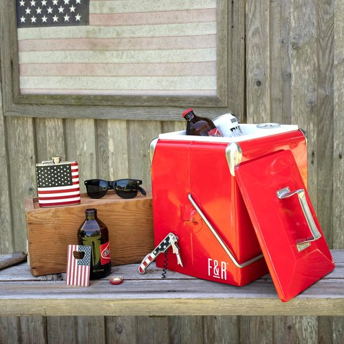 Foster & Rye Stainless Steel Retro Cooler, Vintage Metal cooler, Antique Beverage Chiller and Ice Chest, Plastic Lined Drink Chest, Mounted Bottle Opener, Holds a 6-pack, Red