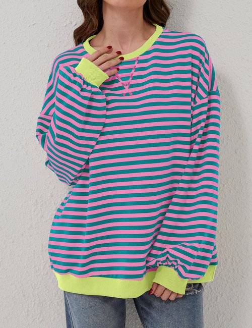 SIALANCI Womens Striped Sweatshirt Colorful Oversized Hoodies Long Sleeve Pullover Crew Neck Rayon Sweater 2024 Winter Pink-green