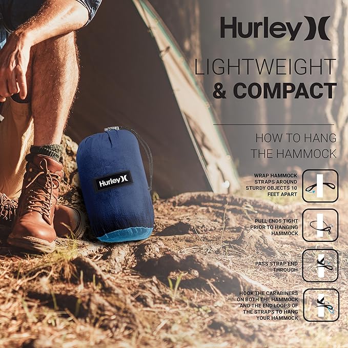Hurley Duo Camping Hammock - 1 Person Portable Hammock for Camping, Heavy Duty with Parachute Nylon Fabric - Camping Accessories & Gear for Outdoor Activities - Holds Up to 400lbs, Nav Blu/Lake BL