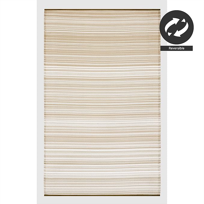 FH Home Outdoor Camping Rug - Waterproof, Fade Resistant, Reversible - Premium Recycled Plastic - Striped - Large Patio, Deck, Sunroom, RV - Havana - Beige - 9 x 12 ft Foldable