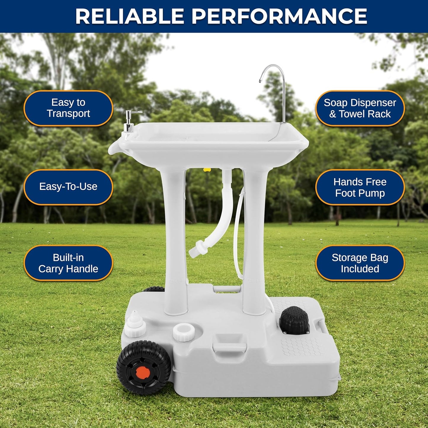 SereneLife Portable Camping Sink with 19L (5+ Gallon) Water Tank, Hands-Free Foot Pump, Soap Dispenser & Towel Holder, Compact Design with Carry Handle – Perfect for Camping, Worksites, Outdoors
