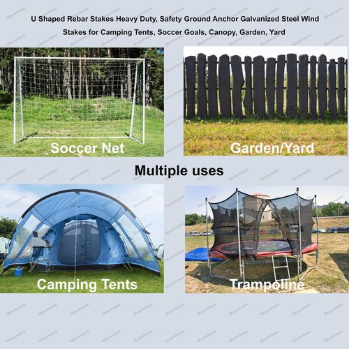 Moonmama Ground Stakes Steel Rebar Stakes Tents Nails Heavy Duty Garden Stake Ground Anchor Pegs U Shaped Metal Fences Stake for Trampolines Camping Canopies Sheds Swing Sets, 10inch 10ge