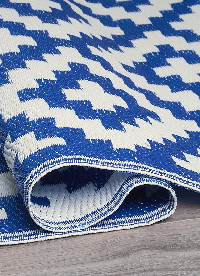FH Home Outdoor Camping Rug - Waterproof, Fade Resistant, Reversible - Premium Recycled Plastic - Geometric - Large Patio, Deck, Sunroom, RV - Aztec - Blue & White - 9 x 12 ft Foldable