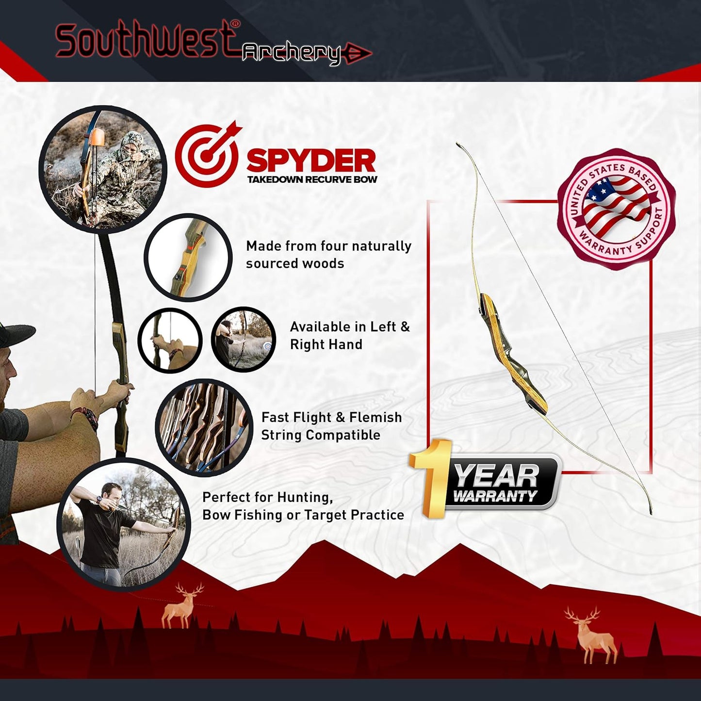 Spyder Takedown Recurve Bow - 62"-64" Hunting & Target Bow - Fast, Accurate, Versatile Handcrafted Riser - Fiber Glass Maple Limbs - 20-60lb Draw - Beginner to Intermediate