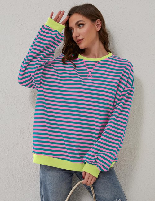 SIALANCI Womens Striped Sweatshirt Colorful Oversized Hoodies Long Sleeve Pullover Crew Neck Rayon Sweater 2024 Winter Pink-green