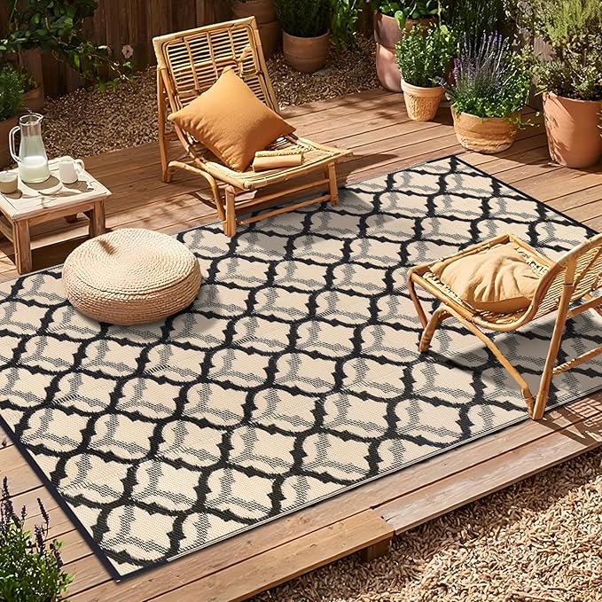 OLANLY Reversible Outdoor Rug 8x10 ft Clearance, Waterproof Outdoor Plastic Straw Rug with Interlacing Pattern, RV Mat for Patio, Camping, Balcony, Deck, Backyard, Black & Beige