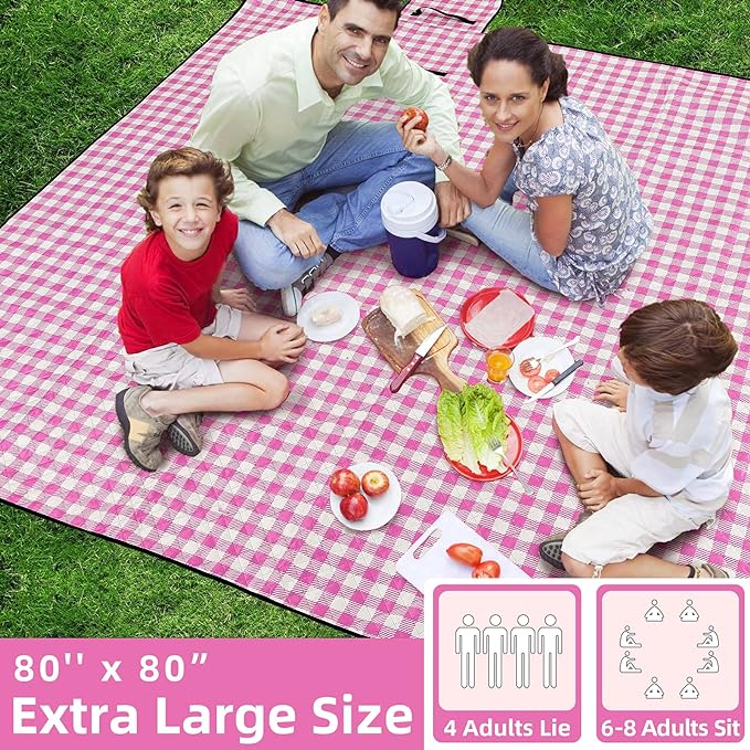 ZAZE Picnic Blanket Waterproof Sandproof, 80''x80'' 3-Layer Cute Compact Extra Large Machine Washable Foldable Beach Mat, Big XL Outdoor Blankets for Spring Summer Camping, Park, Grass(Pink and White)