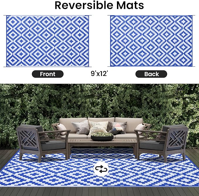 Smiry Waterproof Outdoor Rug 9x12 ft, Reversible Plastic Straw Patio Camping Rugs, Outdoor Indoor RV Mat Carpet for Patio, Outside Entry, Backyard, Deck, Bench, Picnic, Camper, White & Blue