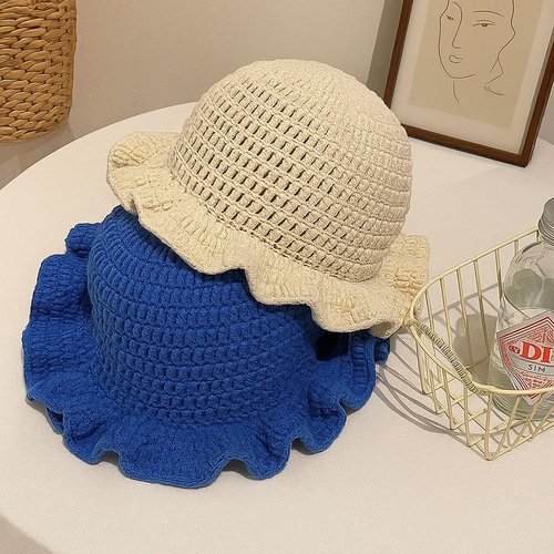 Crochet Bucket Hat Women Trendy Knit Floppy Ruffled Cap Cute Boho Handmade Beanies Outdoor Boho Travel Fishing Hat White