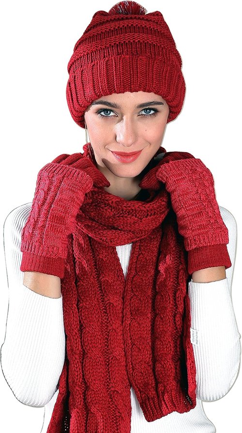 Hat Scarf and Gloves Set for Women - Cable Knit Beanie with Pom, TouchScreen Gloves, Warm Winter Gift